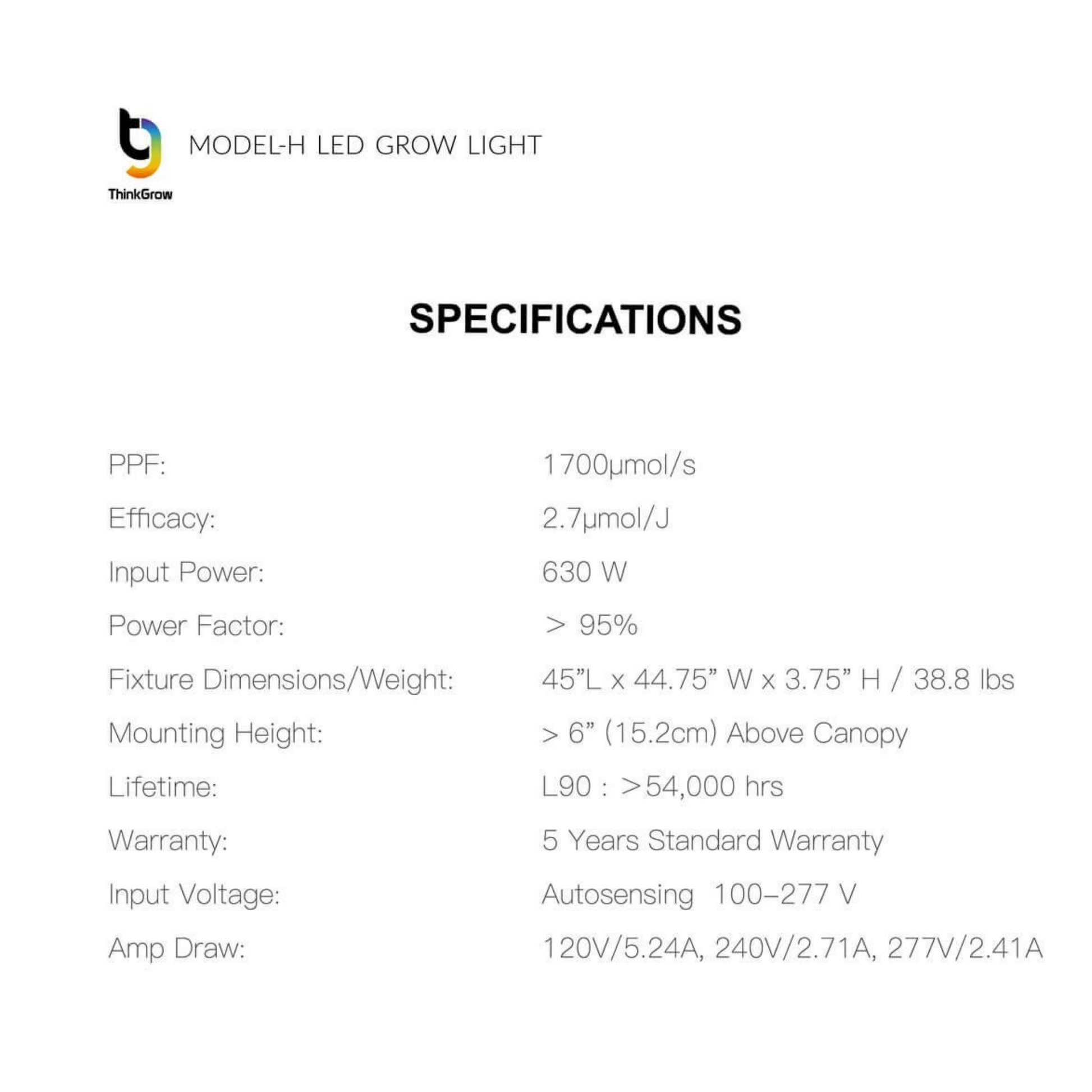 ThinkGrow Model-H 630W Specifications