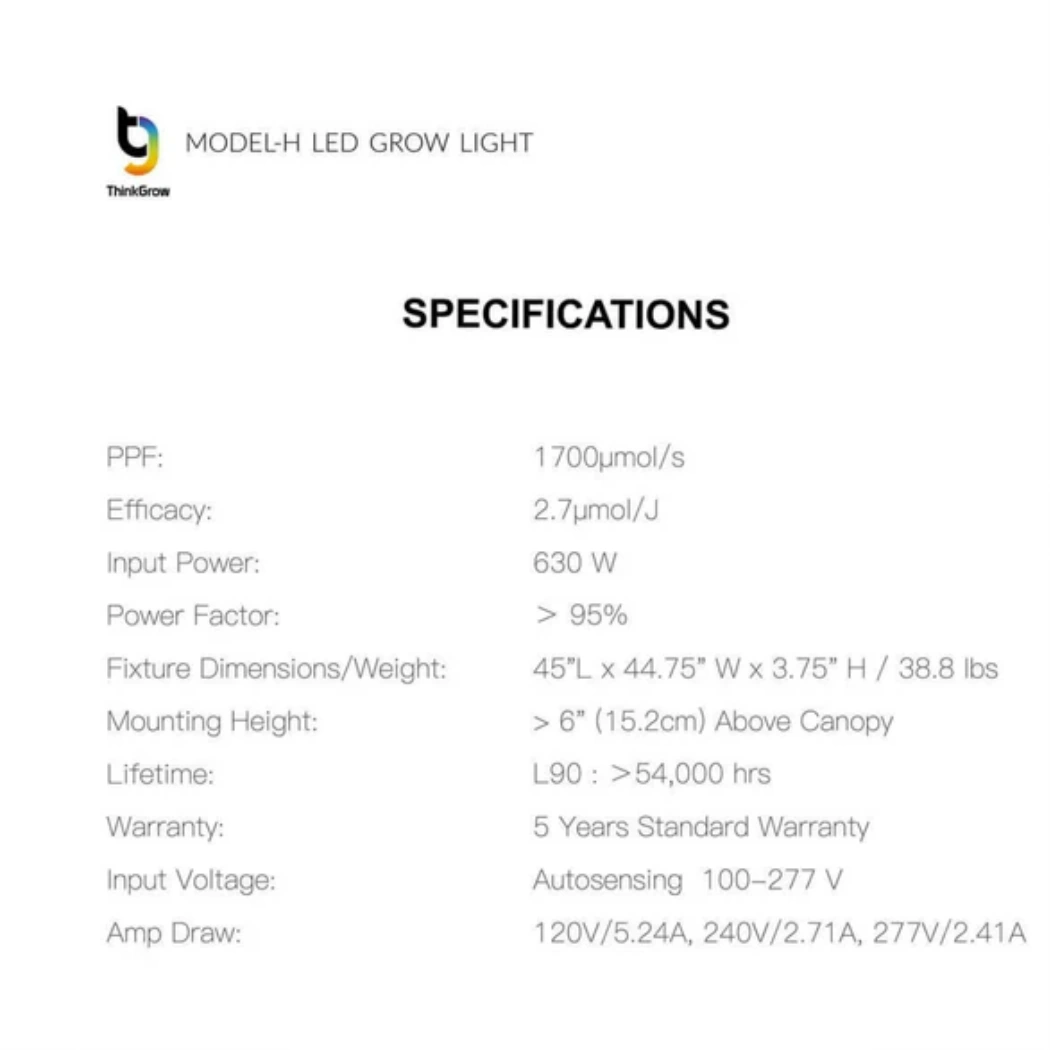 ThinkGrow Model-W 630W specifications