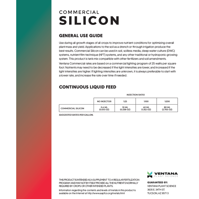 Ventana Plant Science - Commercial Silicon - Back Label