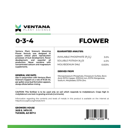 Ventana Plant Science - Flower 0-3-4 - Back Label