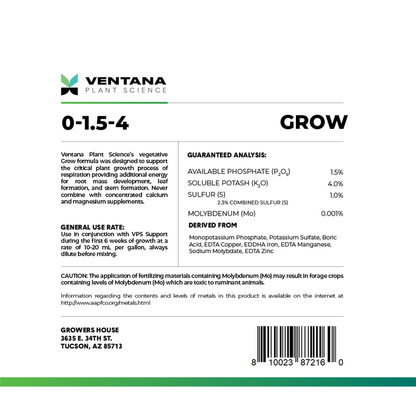 Ventana Plant Science - Grow 0-1.5-4 - Back Label