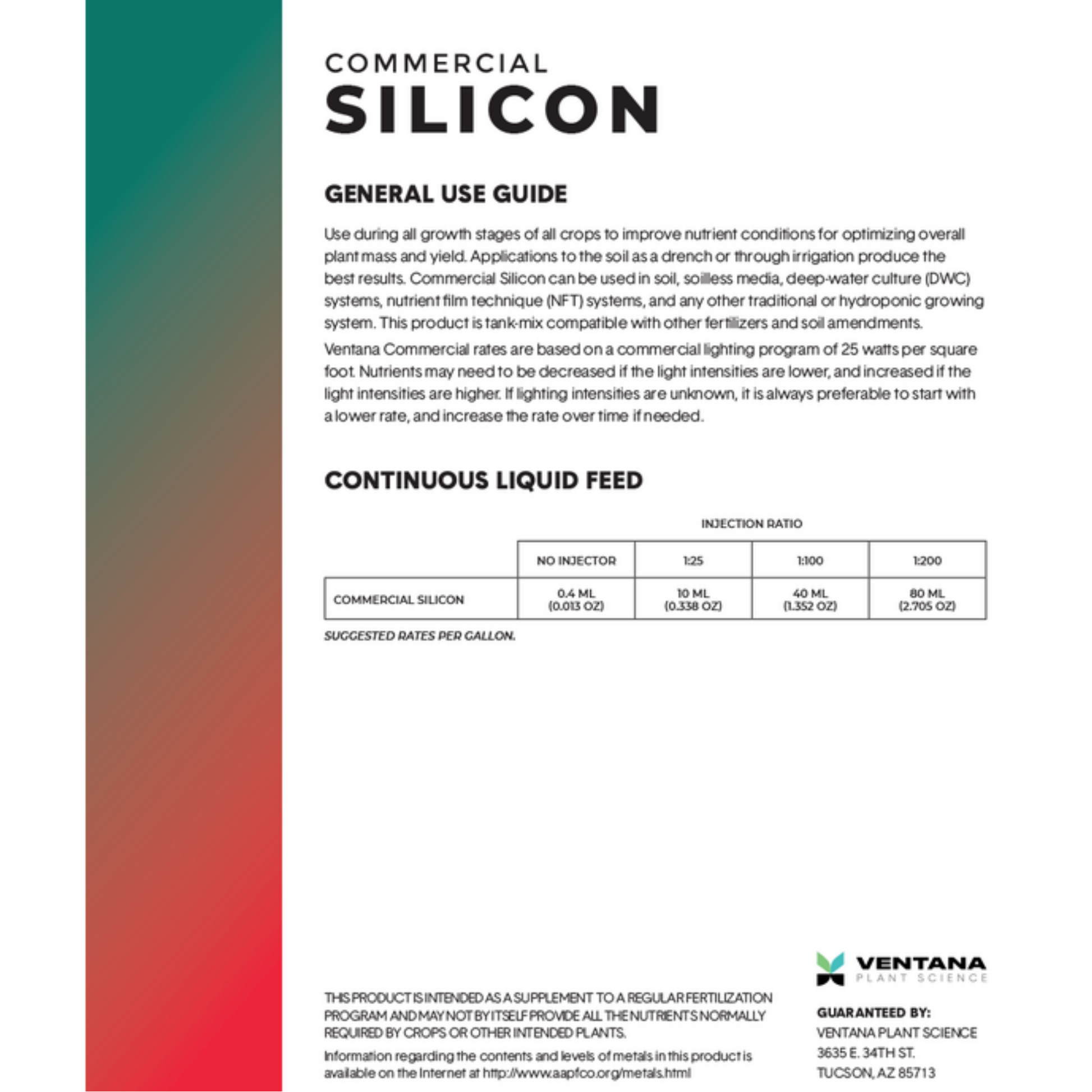 Ventana Plant Science Commercial Silicon use guide