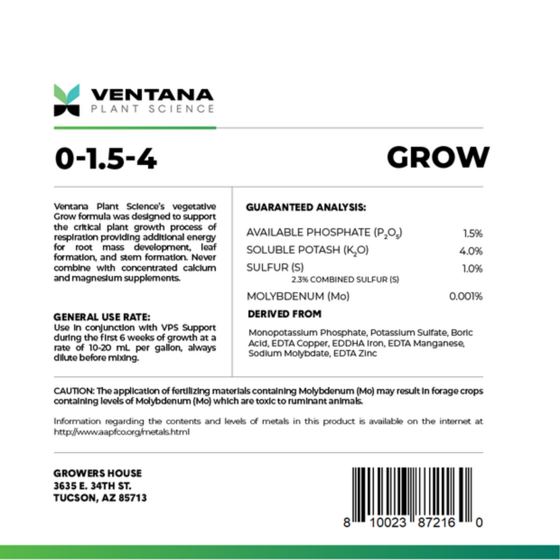 Ventana Plant Science Grow label back