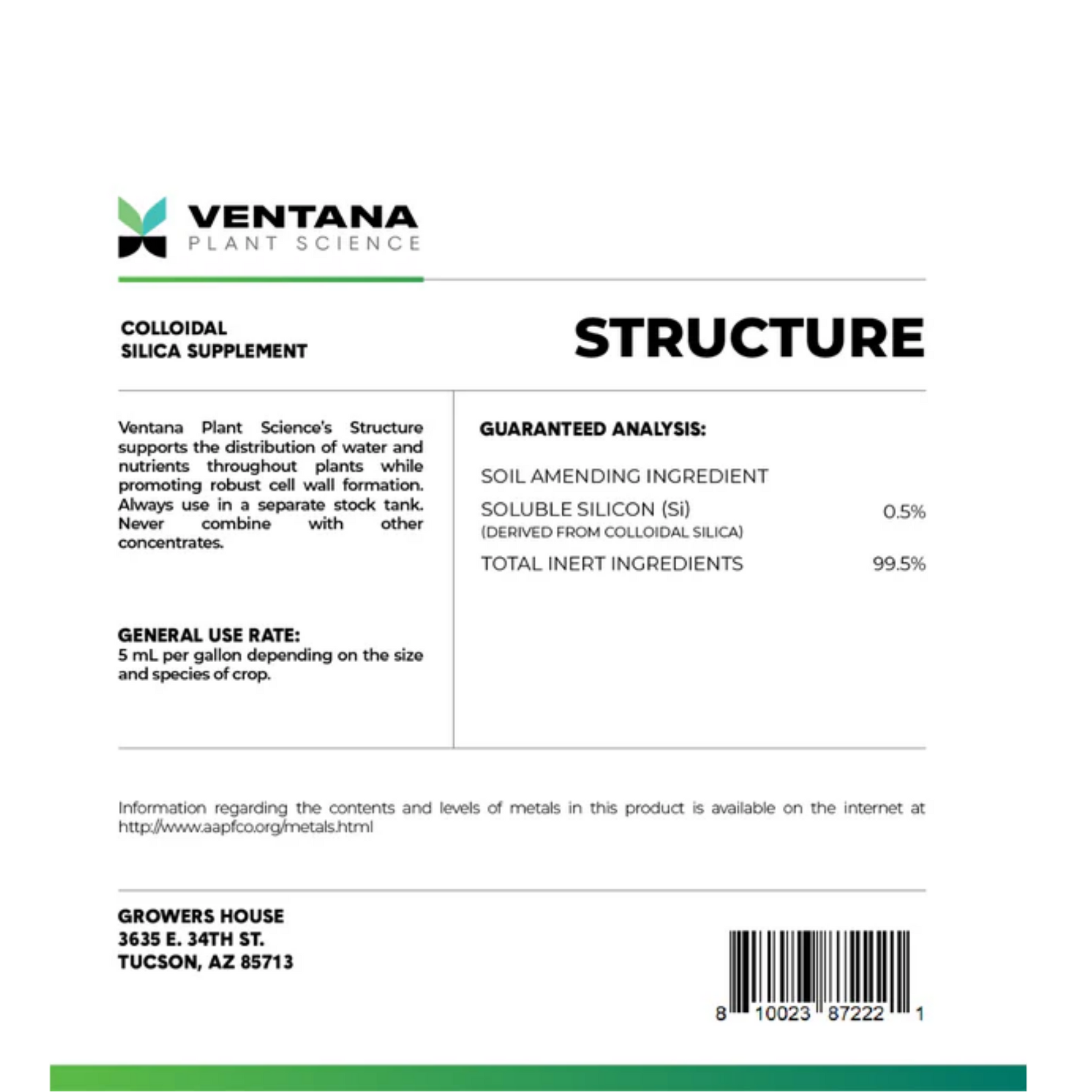Ventana Plant Science Structure label back