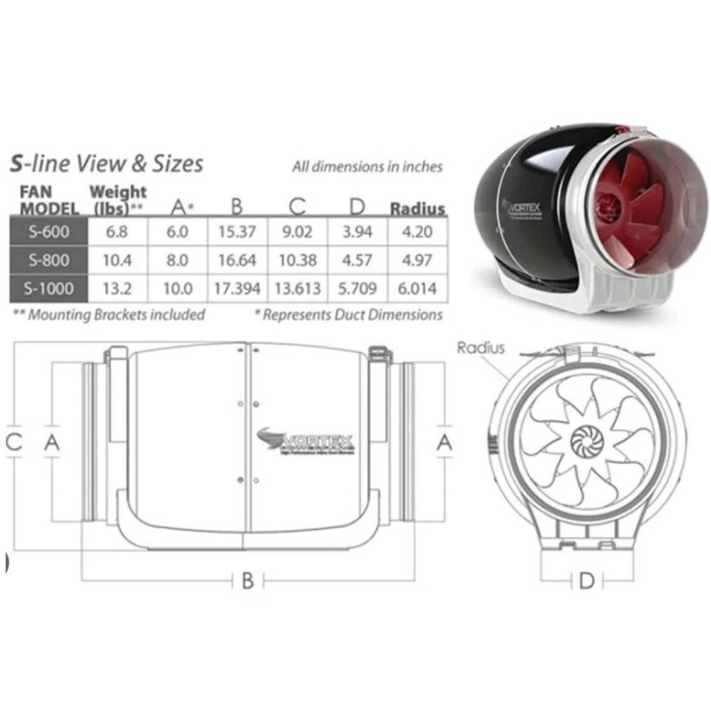 Vortex S-Line Ultra Quiet Fan dimensions