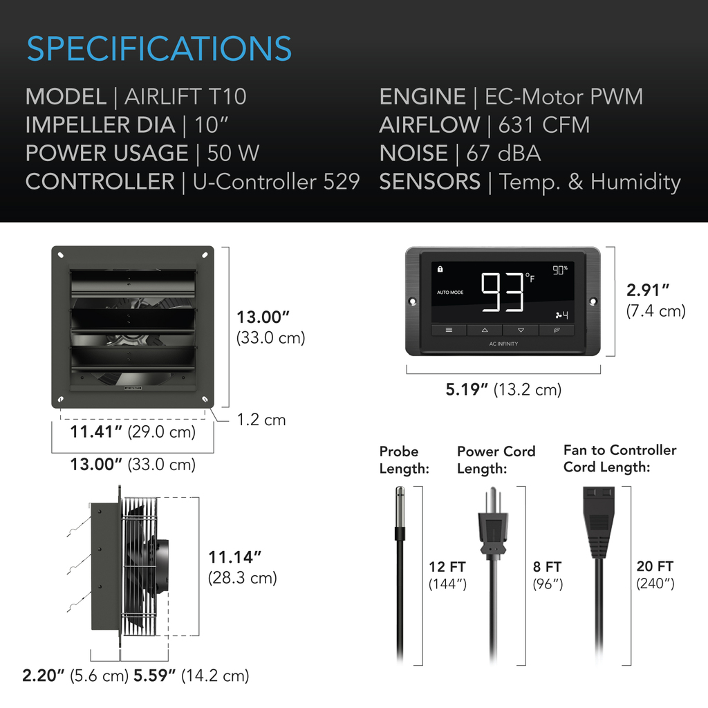 AC Infinity AIRLIFT T-Series, Shutter Exhaust Ventilation Fan with Temperature and Humidity Controller
