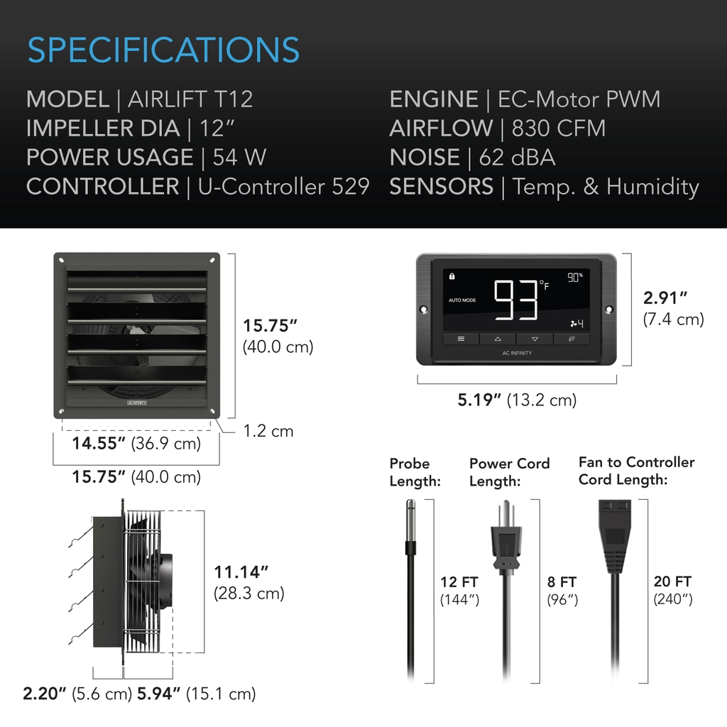 AC Infinity AIRLIFT T-Series, Shutter Exhaust Ventilation Fan with Temperature and Humidity Controller