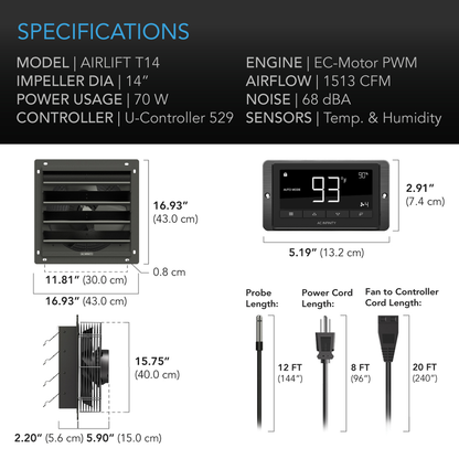 AC Infinity AIRLIFT T-Series, Shutter Exhaust Ventilation Fan with Temperature and Humidity Controller
