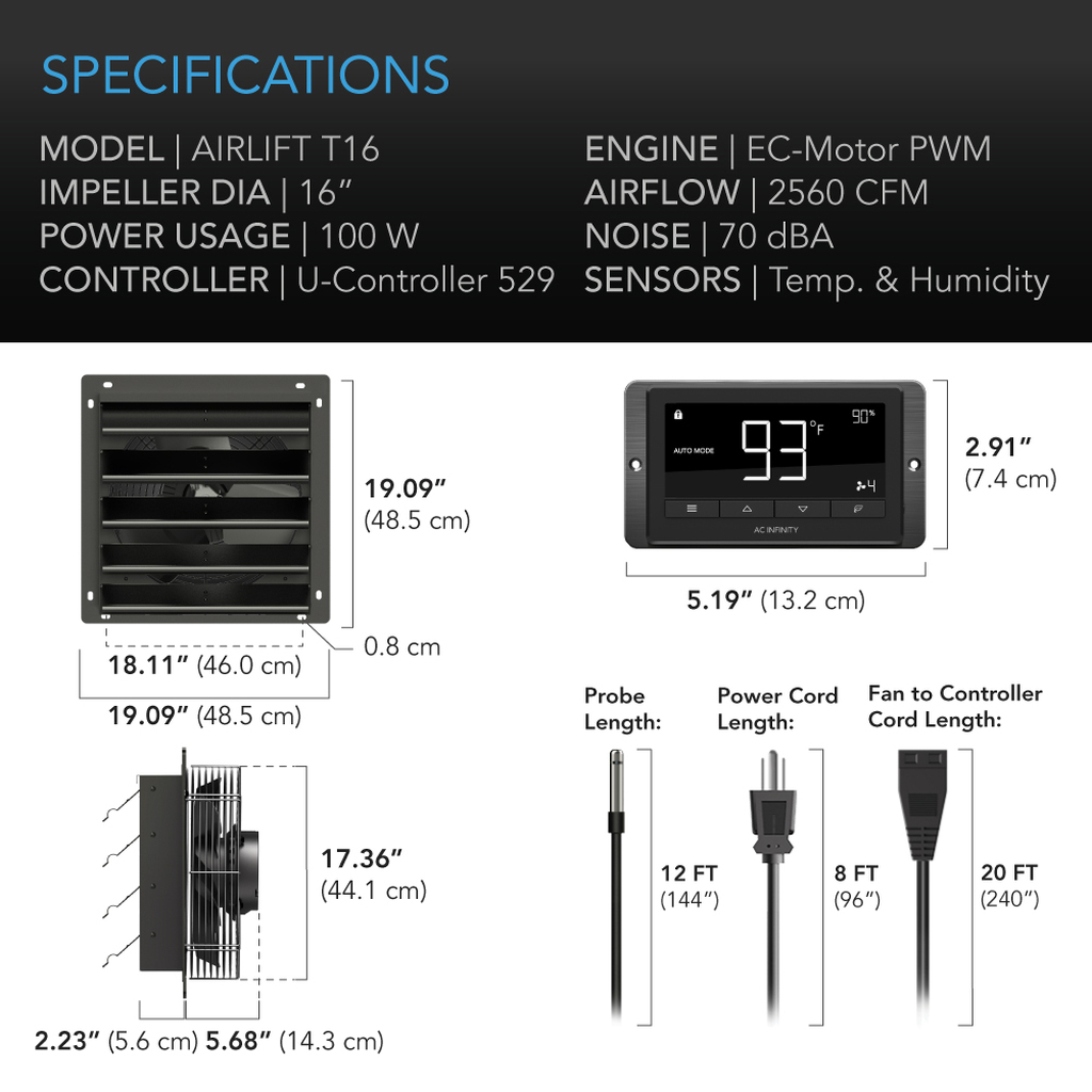AC Infinity AIRLIFT T-Series, Shutter Exhaust Ventilation Fan with Temperature and Humidity Controller