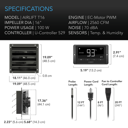 AC Infinity AIRLIFT T-Series, Shutter Exhaust Ventilation Fan with Temperature and Humidity Controller