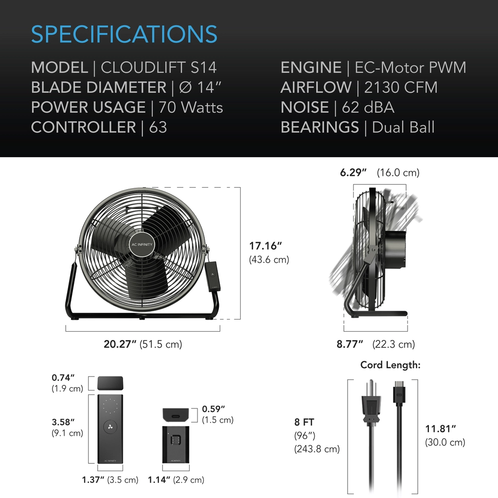 AC Infinity Cloudlift S-Series S-14 Fan Specifications