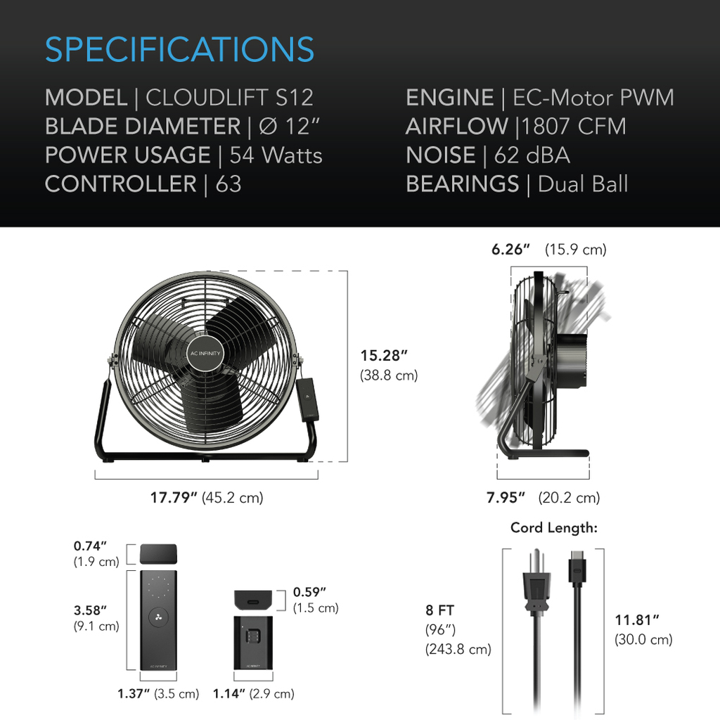 AC Infinity Cloudlift S-Series S-12 Fan Specifications