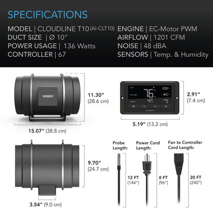 AC Infinity CLOUDLINE 10" Inline Duct Fan with LCD Controller Specifications