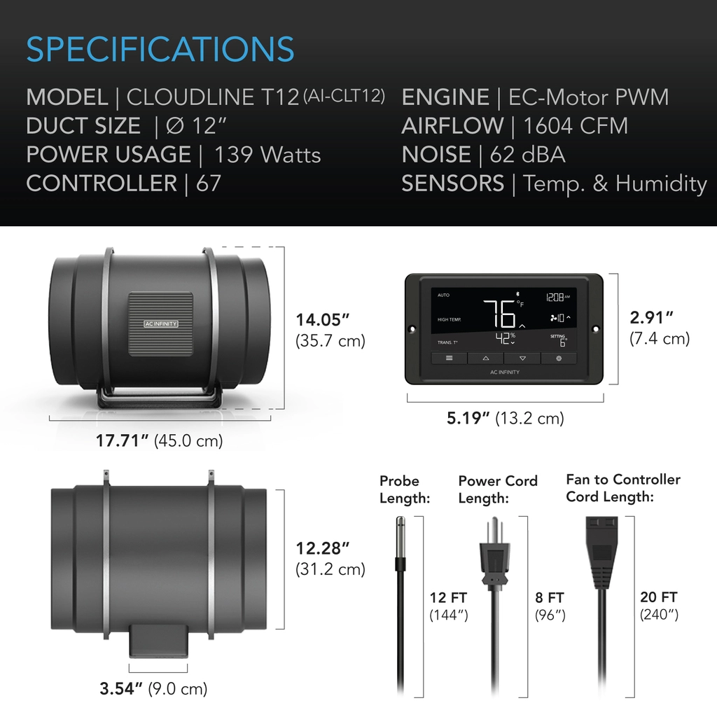 AC Infinity CLOUDLINE 12" Inline Duct Fan with LCD Controller Specifications