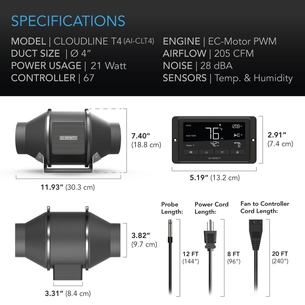 AC Infinity CLOUDLINE 4" Inline Fan with LCD Controller Specifications