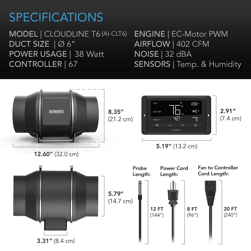 AC Infinity CLOUDLINE 6" Inline Duct Fan with LCD Controller Specifications