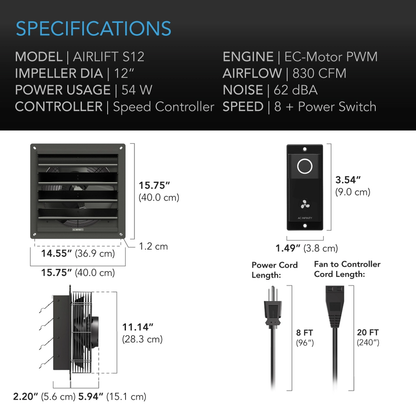 AC Infinity S-Series Airlift S12 Dimensions
