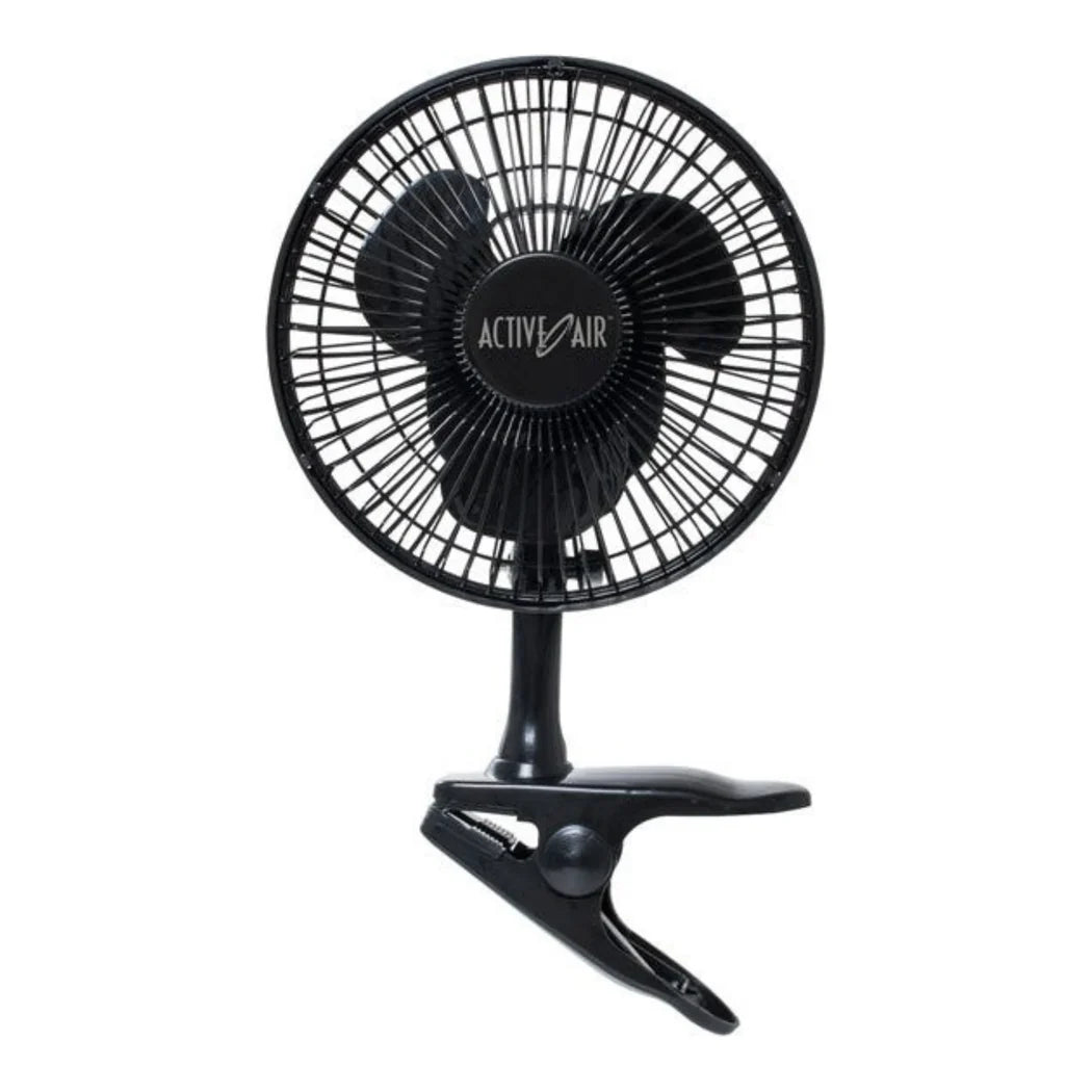 Hydrofarm Active Air 6 inch clip fan in black, 5W brushless motor on a spring-loaded clip