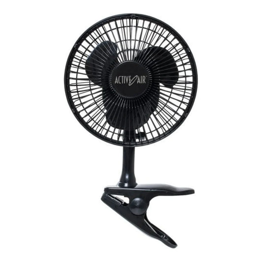 Hydrofarm Active Air 6 inch clip fan in black, 5W brushless motor on a spring-loaded clip