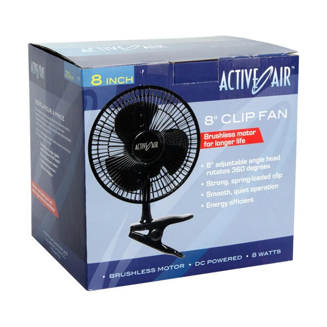Active Air 8 inch clip fan in black, 10W brushless motor with a 360 degree head