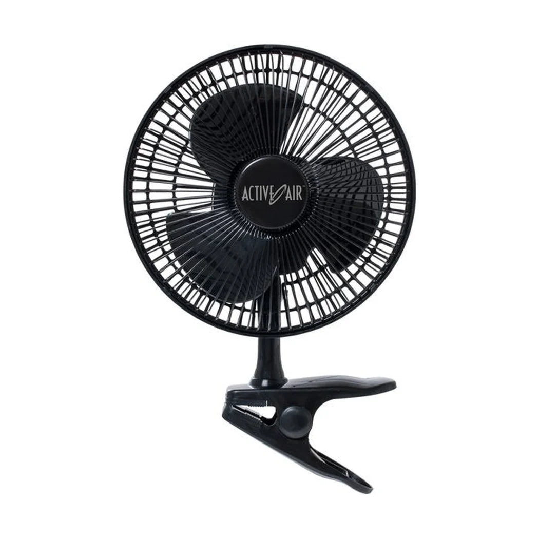 Active Air 8 inch clip fan side view showing the spring-loaded plastic clip