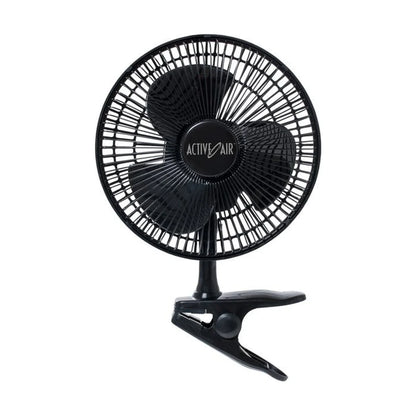Active Air 8 inch clip fan side view showing the spring-loaded plastic clip