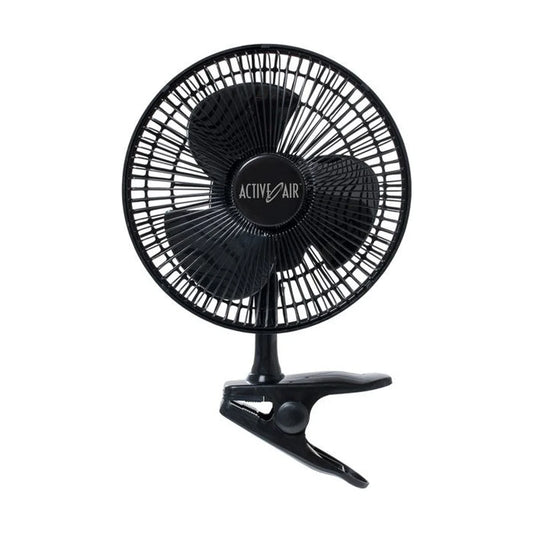 Active Air 8 inch clip fan side view showing the spring-loaded plastic clip
