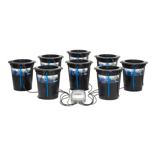 Root Spa 8 bucket DWC system laid out, showing bucket lids and air line connections