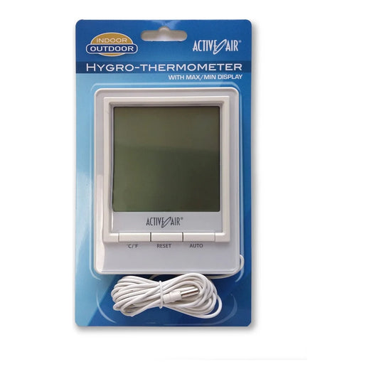 Active Air hygro-thermometer with max/min display and remote probe lead, in retail pack