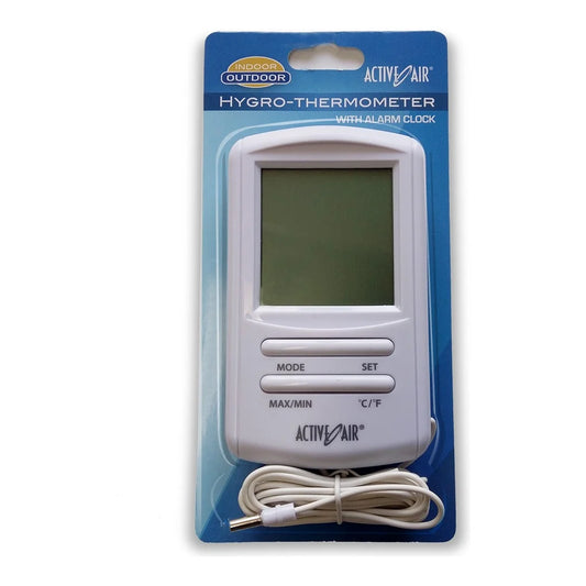 Active Air indoor-outdoor thermometer with hygrometer and alarm clock, in retail pack