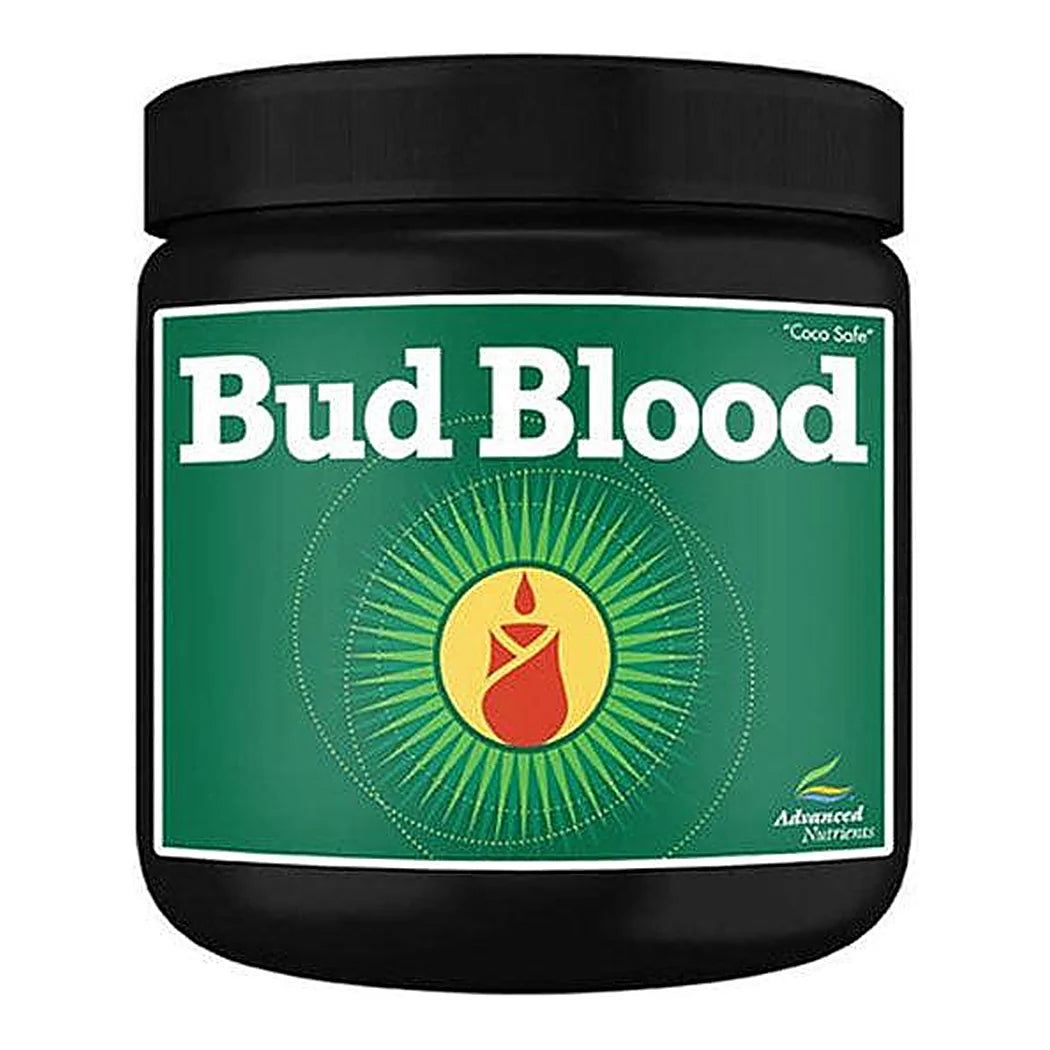 Advanced Nutrients Bud Blood 0-39-25 powder bloom initiator in black and green jar