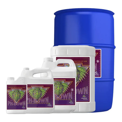 Advanced Nutrients pH Down family: 1 L, 4 L, 10 L, 23 L and 208 L sizes, 0-55-0 phosphoric acid