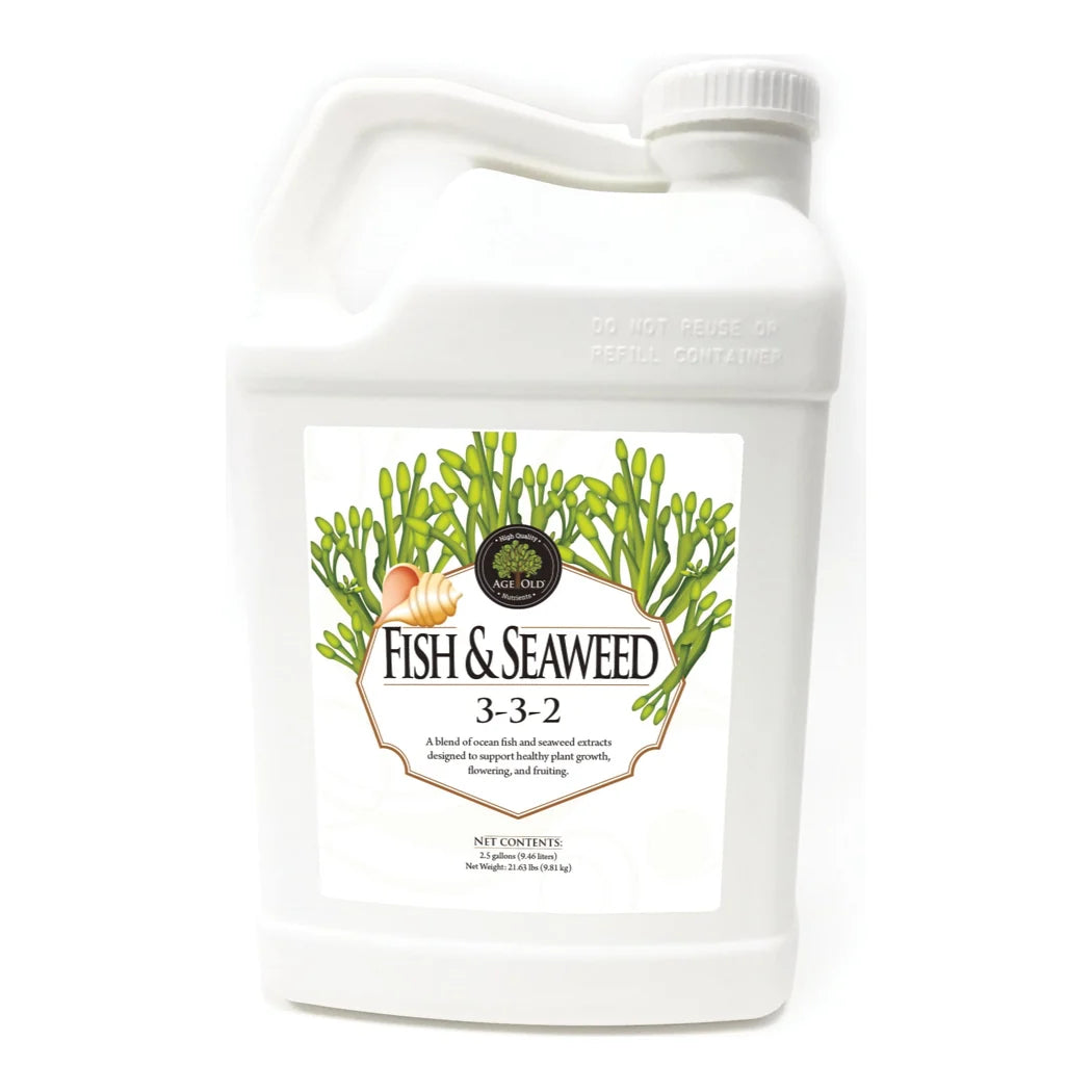 Age Old Fish & Seaweed 3-3-2 liquid fertilizer, 2.5 gallon jug