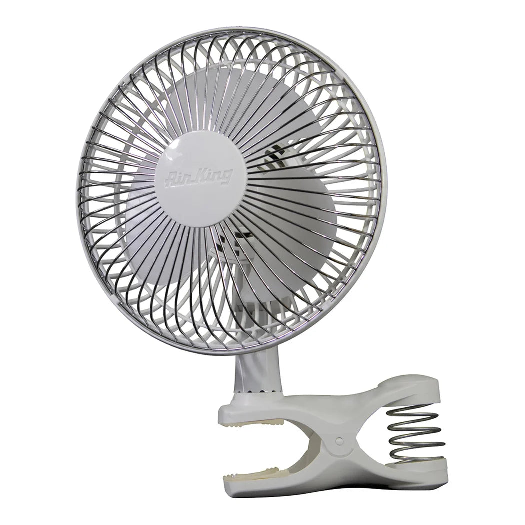 Air King 6 inch 2-speed clip fan, white, zinc-plated steel front grill and spring clip