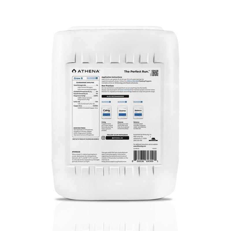Athena Blended - Grow B (1-3-5) - 55 Gallon Back of Bottle
