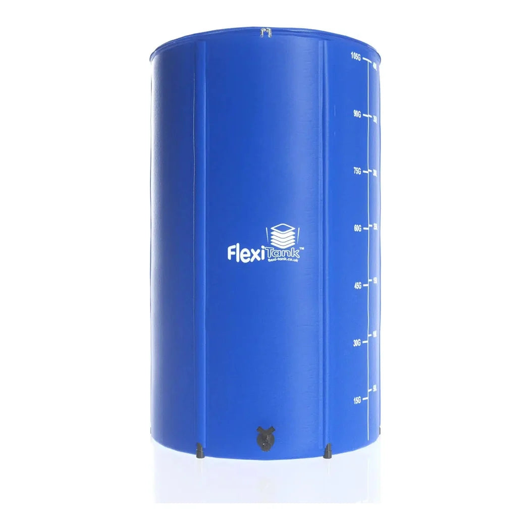 AutoPot FlexiTank collapsible reservoir, 105 gallon, blue with litre graduations