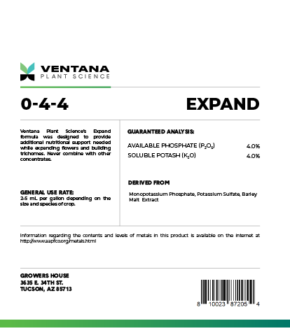 Ventana Plant Science - Expand 0-4-4 (Flower Booster) - Quart Back of Label