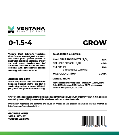 Ventana Plant Science - Grow 0-1.5-4 - Quart Back of Label