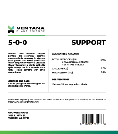 Ventana Plant Science - Support 4-0-0 (Cal-Mag + Secondary Macros) - 1-Quart Back of Label