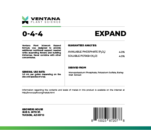 Ventana Plant Science - Expand 0-4-4 (Flower Booster) - 2.5 Gallon Back Label