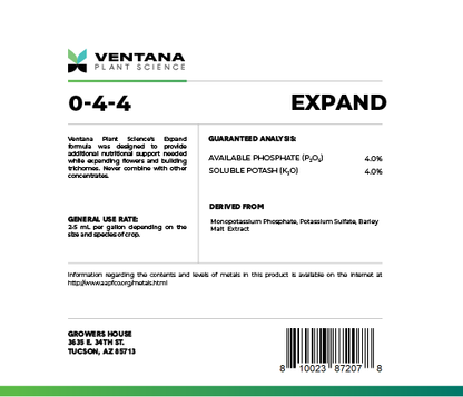 Ventana Plant Science - Expand 0-4-4 (Flower Booster) - 2.5 Gallon Back Label