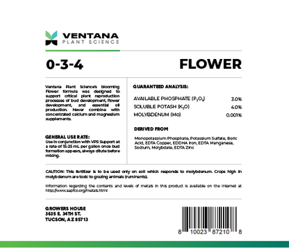 Ventana Plant Science - Flower 0-3-4 - 2.5 Gallon Back label