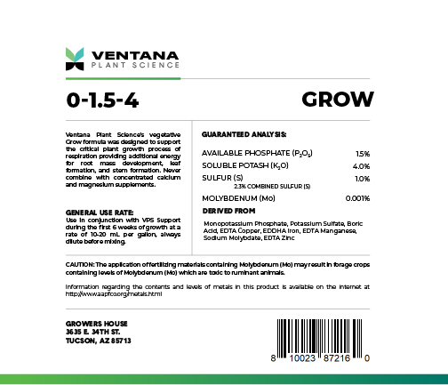 Ventana Plant Science - Grow 0-1.5-4 - 2.5-Gallon Back Label