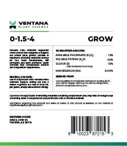 Ventana Plant Science - Grow 0-1.5-4 - 1-Gallon Back Label