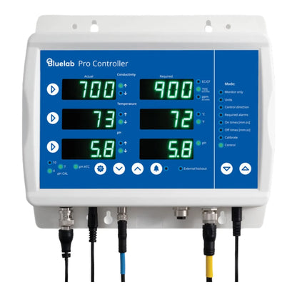 Bluelab Pro Controller Wi-Fi front panel showing actual and required conductivity, temperature and pH readouts