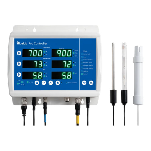 Bluelab Pro Controller Wi-Fi automatic pH and nutrient dosing system shown with pH, conductivity and temperature probes