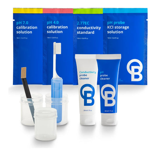 Bluelab Probe Care Kit pH and Conductivity contents: pH 7.0, pH 4.0, 2.77 EC and KCl storage sachets with both probe cleaners