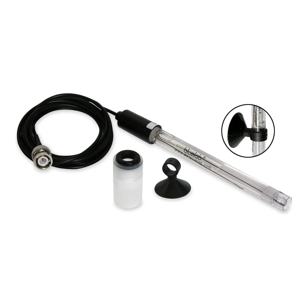 Bluelab replacement pH probe shown with its cable, KCl storage cap and suction cup holder
