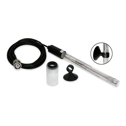 Bluelab replacement pH probe shown with its cable, KCl storage cap and suction cup holder