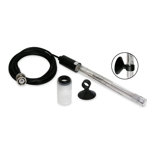 Bluelab replacement pH probe shown with its cable, KCl storage cap and suction cup holder